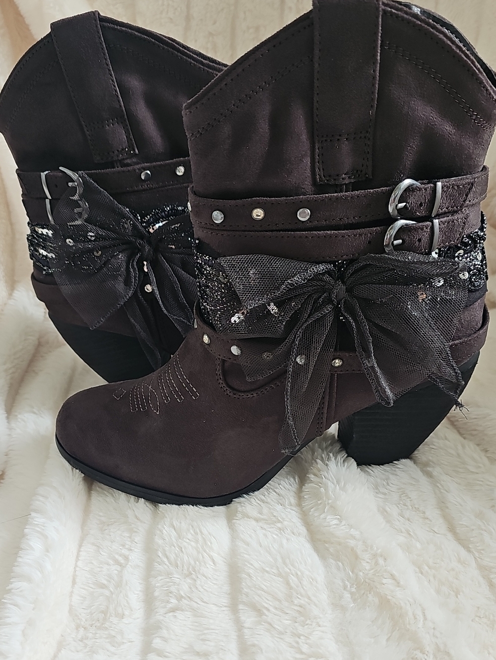 Not Rated Dark Brown Embellished Ankle Heeled Boots with Bow
